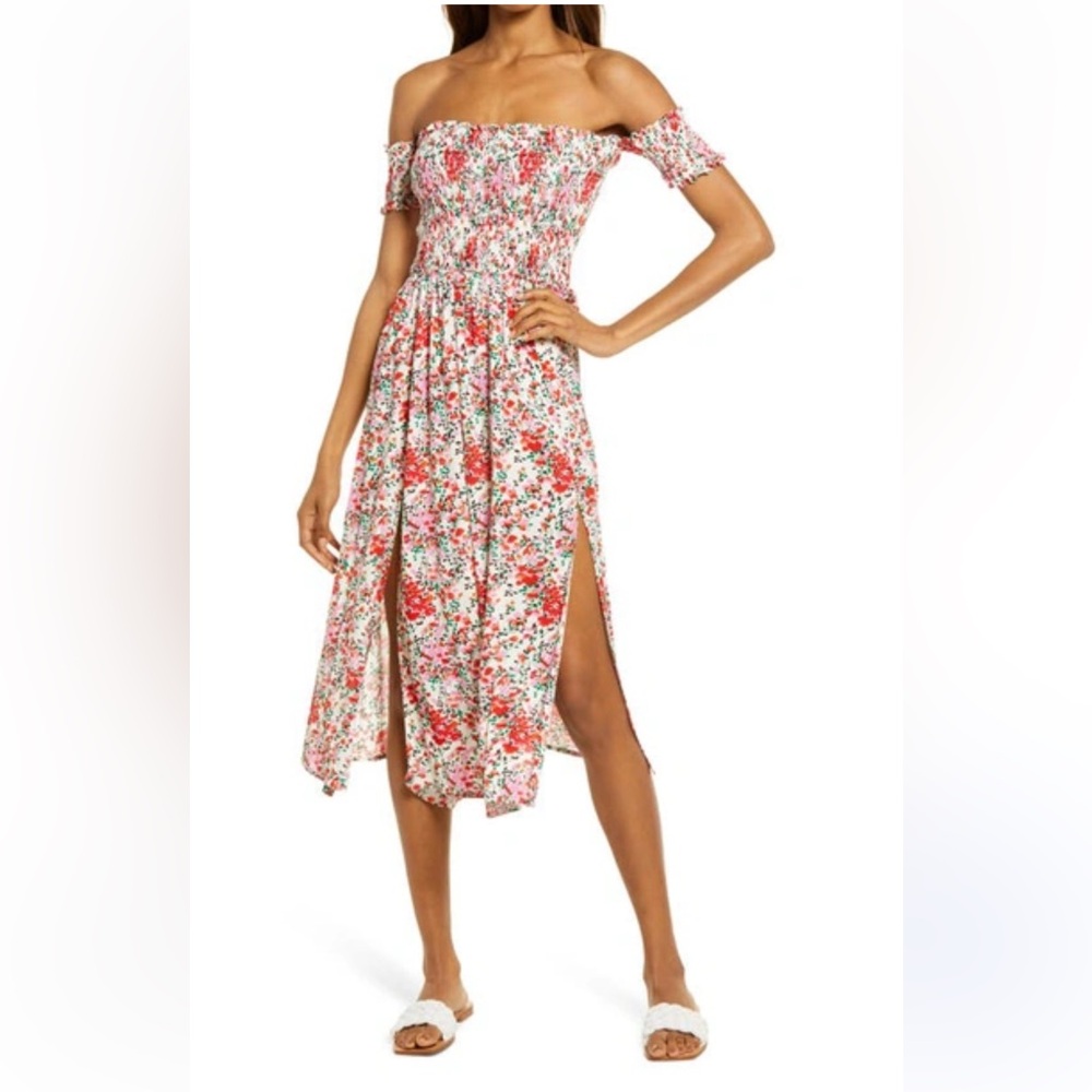 NWT Lulu’s View From The Meadow Cream Floral Off-Shoulder Dress Size M